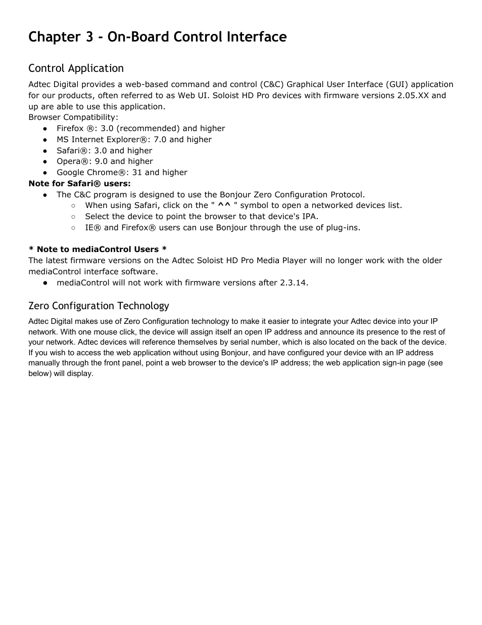 Chapter 3 - on-board control interface, Control application, Zero configuration technology | Chapter, Board, Control, Interface, Application, Zero, Configuration | Adtec digital Soloist-HD Pro (version 02.07.09) Manual User Manual | Page 23 / 77