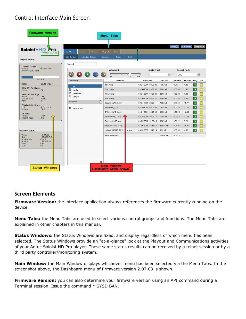 Control interface main screen, Screen elements, Control | Interface, Main, Screen, Elements | Adtec digital Soloist-HD Pro (version 02.07.09) Manual User Manual | Page 25 / 77