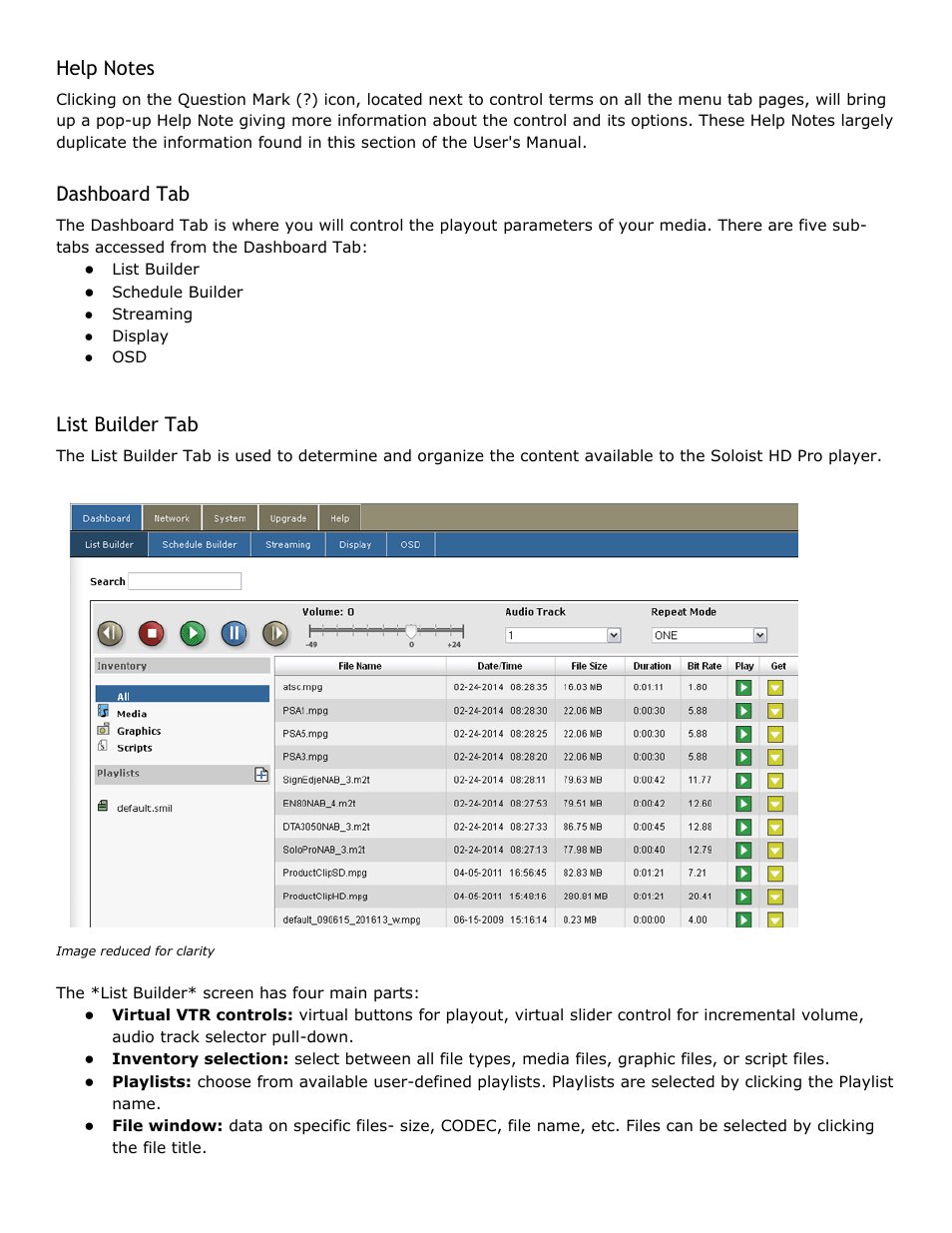 Help notes, Dashboard tab, List builder tab | Help, Notes, Dashboard, List, Builder | Adtec digital Soloist-HD Pro (version 02.07.09) Manual User Manual | Page 26 / 77