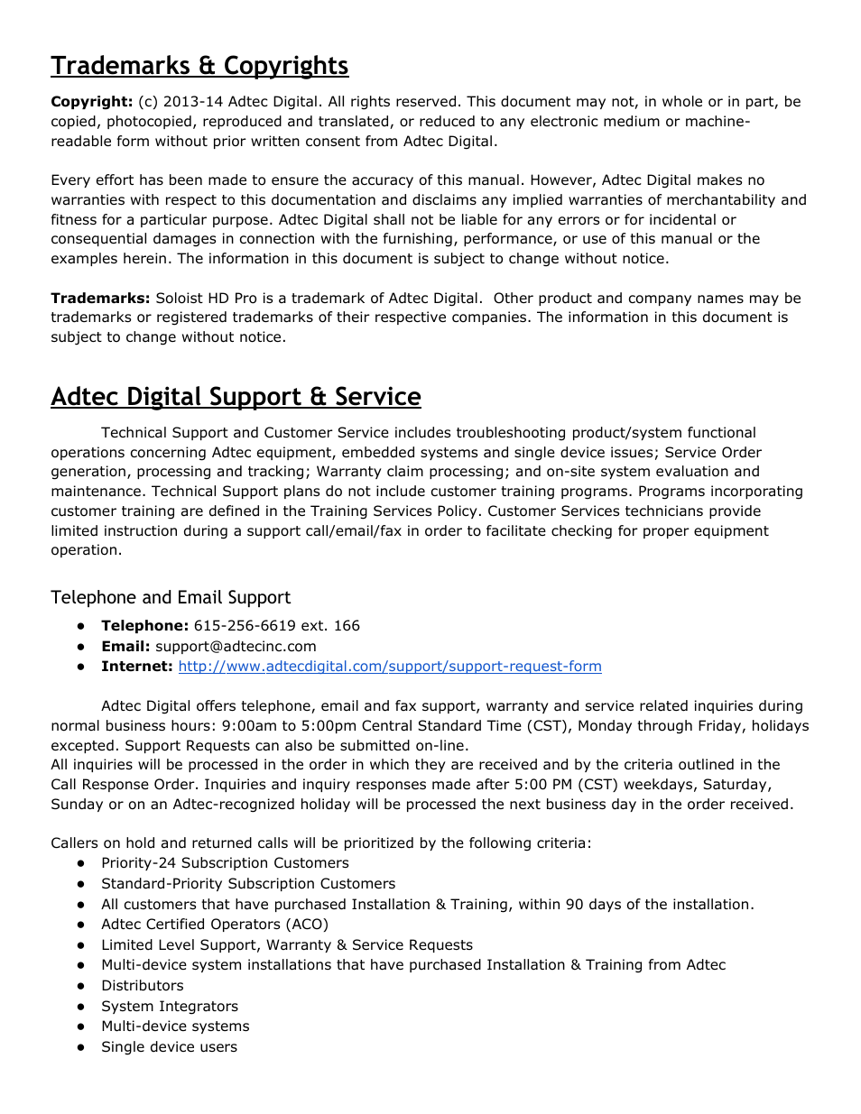 Trademarks & copyrights, Adtec digital support & service, Telephone and email support | Trademarks, Copyrights, Adtec, Digital, Support, Service, Telephone | Adtec digital Soloist-HD Pro (version 02.07.09) Manual User Manual | Page 4 / 77