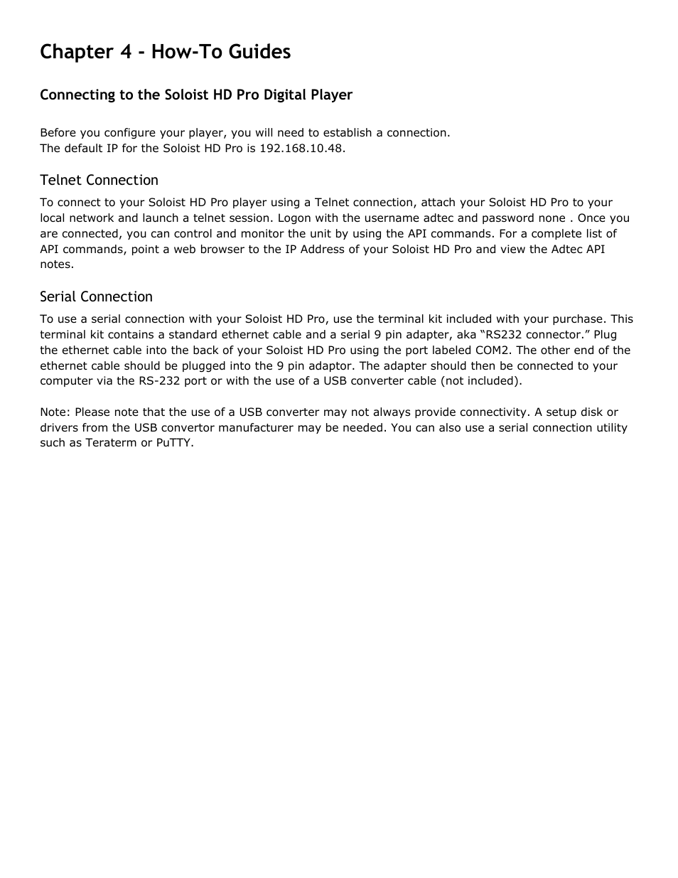 Chapter 4 - how-to guides, Connecting to the soloist hd pro digital player, Telnet connection | Serial connection, Chapter, Guides, Connecting, Soloist, Digital, Player | Adtec digital Soloist-HD Pro (version 02.07.09) Manual User Manual | Page 40 / 77