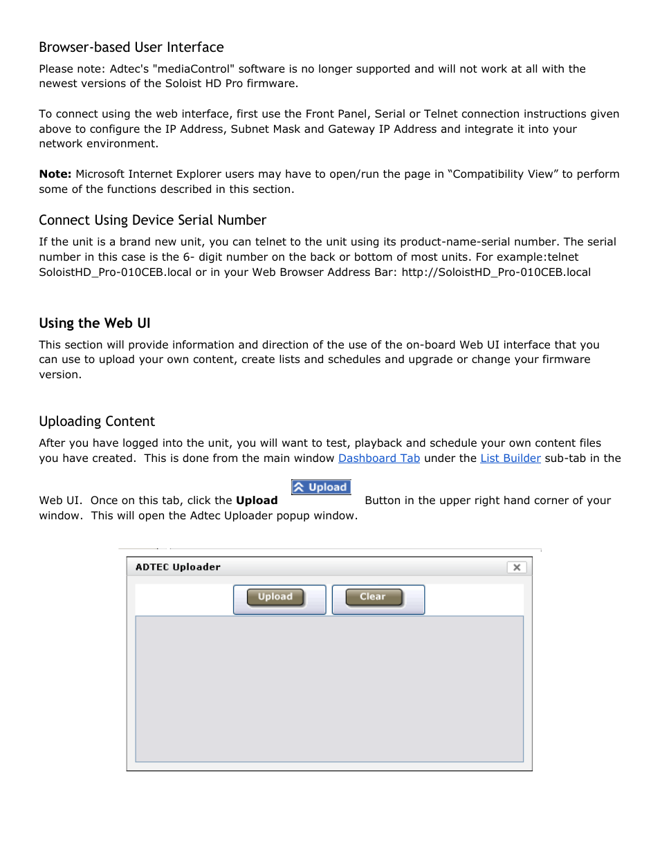 Browser-based user interface, Connect using device serial number, Using the web ui | Uploading content, Browser, Based, User, Interface, Connect, Using | Adtec digital Soloist-HD Pro (version 02.07.09) Manual User Manual | Page 43 / 77