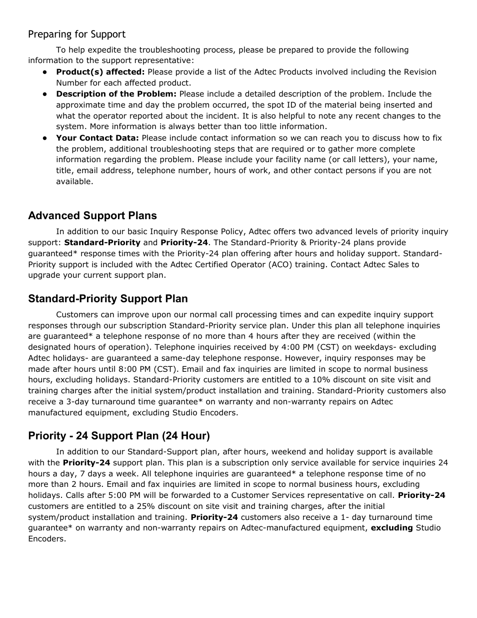 Preparing for support, Advanced support plans, Standard-priority support plan | Priority - 24 support plan (24 hour), Preparing, Support, Advanced, Plans, Standard, Priority | Adtec digital Soloist-HD Pro (version 02.07.09) Manual User Manual | Page 5 / 77