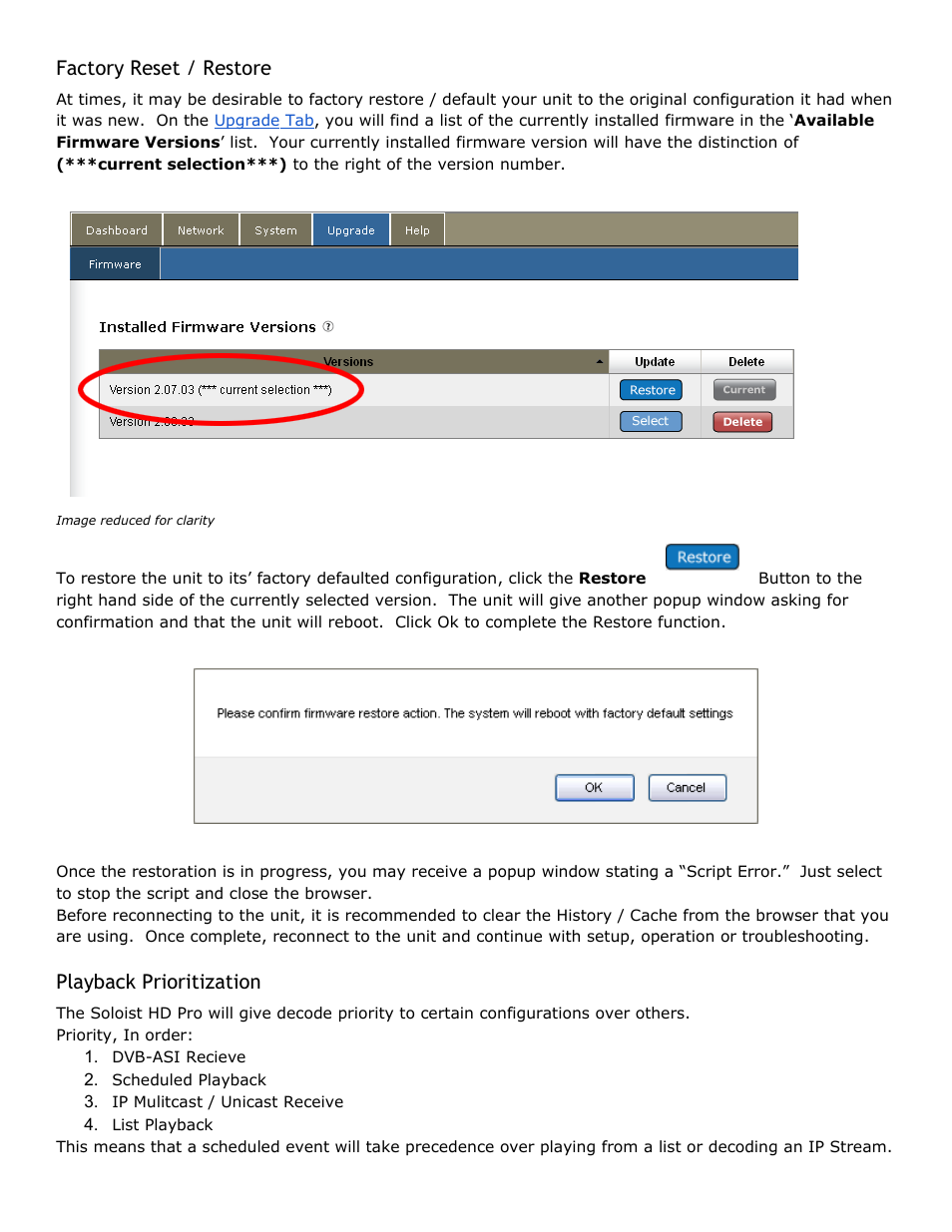 Factory reset / restore, Playback prioritization, Factory | Reset, Restore, Playback, Prioritization | Adtec digital Soloist-HD Pro (version 02.07.09) Manual User Manual | Page 55 / 77