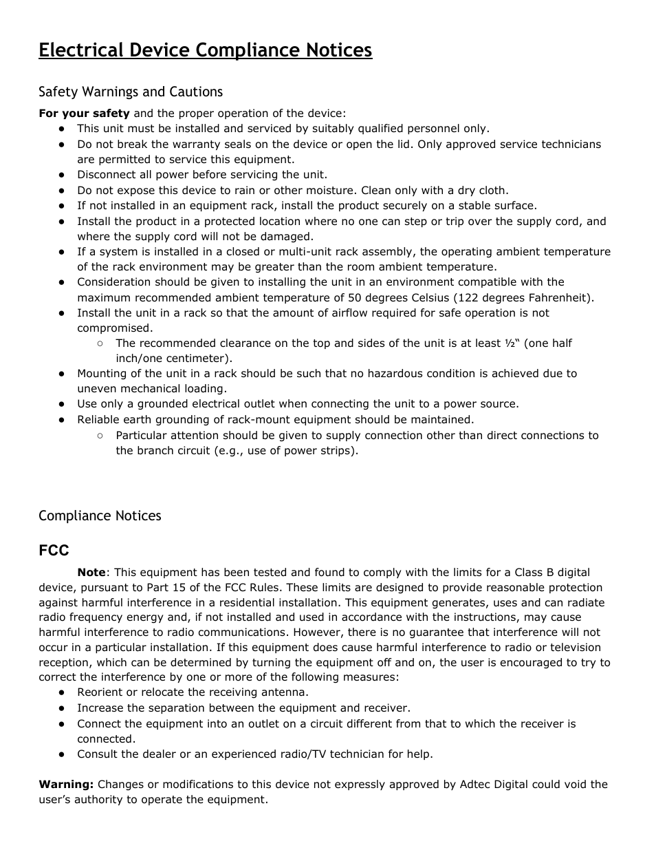 Electrical device compliance notices, Safety warnings and cautions, Compliance notices | Electrical, Device, Compliance, Notices, Safety, Warnings, Cautions | Adtec digital Soloist-HD Pro (version 02.07.09) Manual User Manual | Page 7 / 77