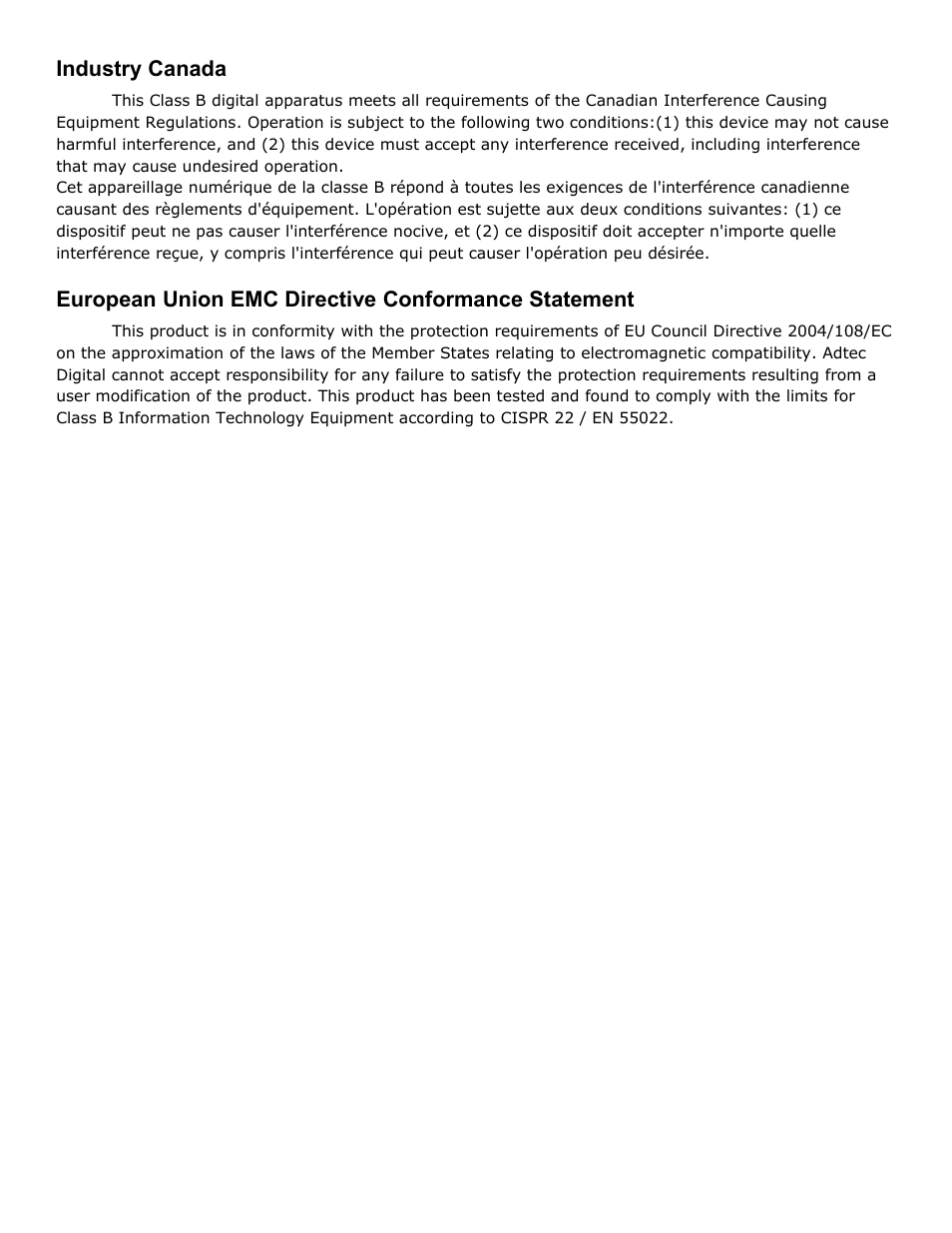 Industry canada, European union emc directive conformance statement, Industry | Canada, European, Union, Directive, Conformance, Statement | Adtec digital Soloist-HD Pro (version 02.07.09) Manual User Manual | Page 8 / 77