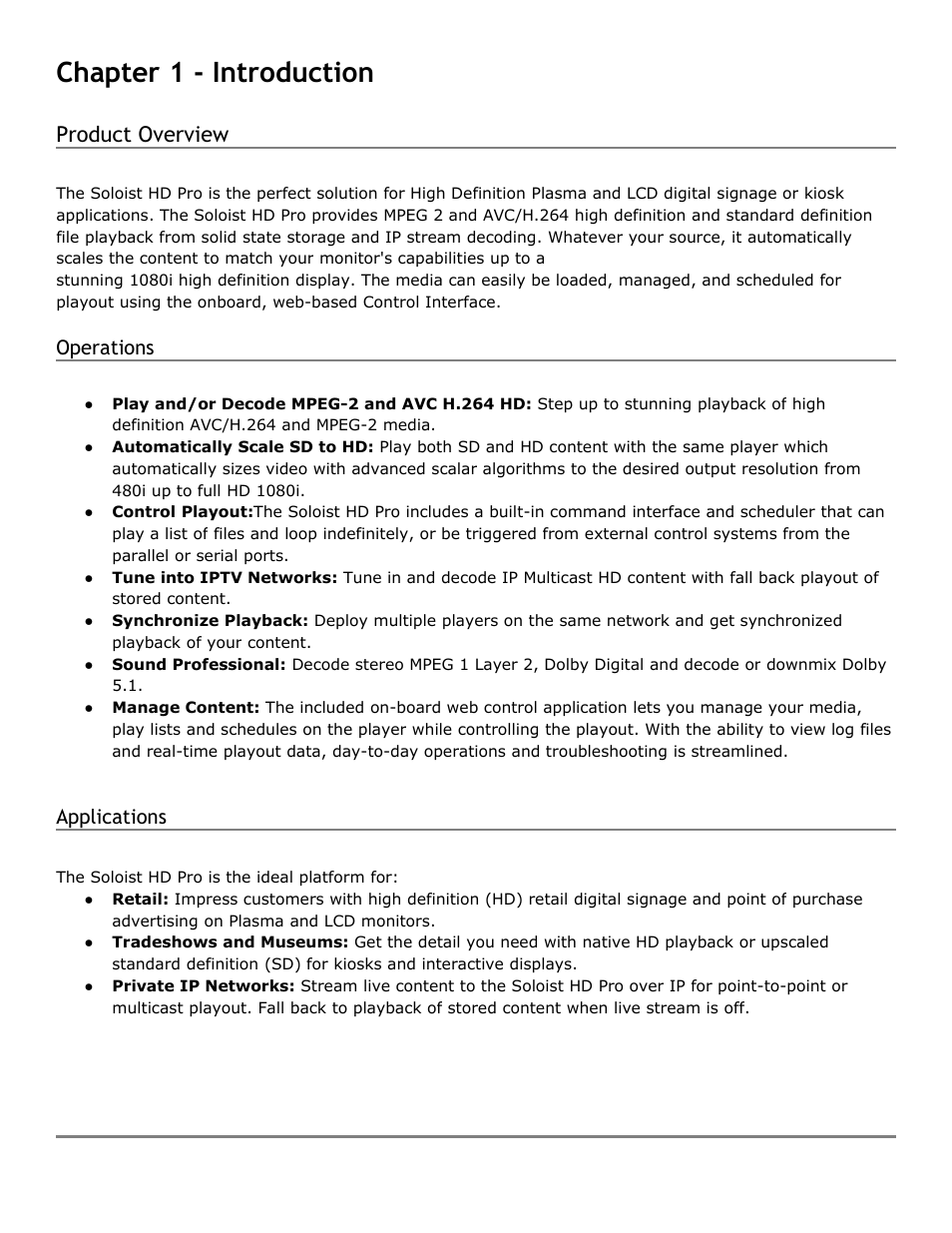 Chapter 1 - introduction, Product overview, Operations | Applications, Chapter, Introduction, Product, Overview, Operations applications | Adtec digital Soloist-HD Pro (version 02.07.09) Manual User Manual | Page 9 / 77