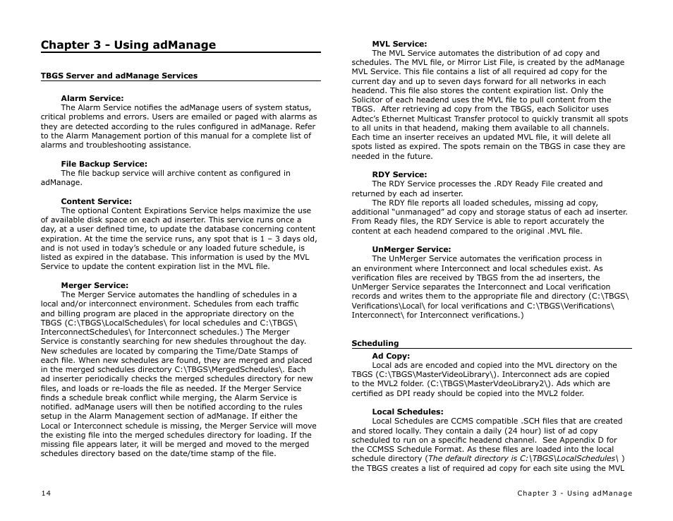 Chapter 3 - using admanage, Tbgs server and admanage services, Alarm service | File backup service, Content service, Merger service, Mvl service, Rdy service, Scheduling, Ad copy | Adtec digital TBGS w/adManage User Manual | Page 16 / 50