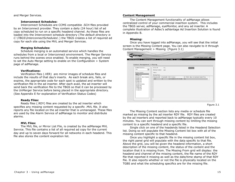 Interconnect schedules, Merging schedules, Verifications | Ready files, Mvl files, Content management, Missing | Adtec digital TBGS w/adManage User Manual | Page 17 / 50