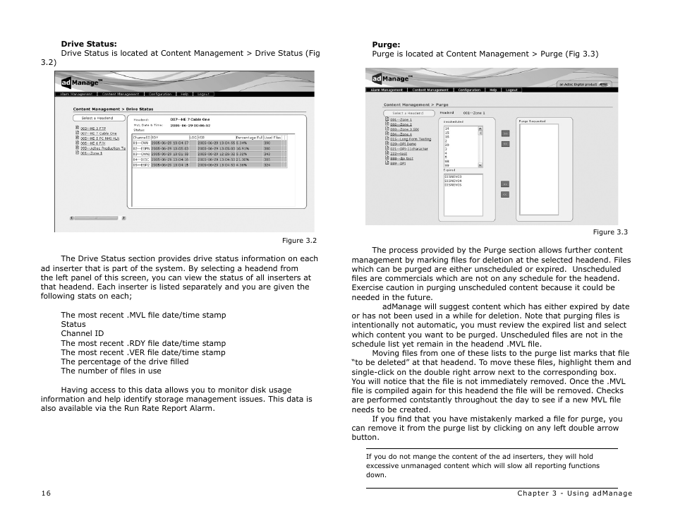 Drive status, Purge | Adtec digital TBGS w/adManage User Manual | Page 18 / 50