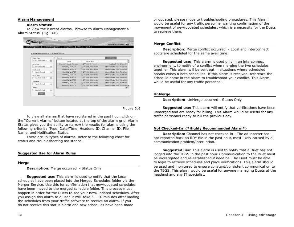 Alarm management, Alarm status, Suggested use for alarm rules | Adtec digital TBGS w/adManage User Manual | Page 20 / 50