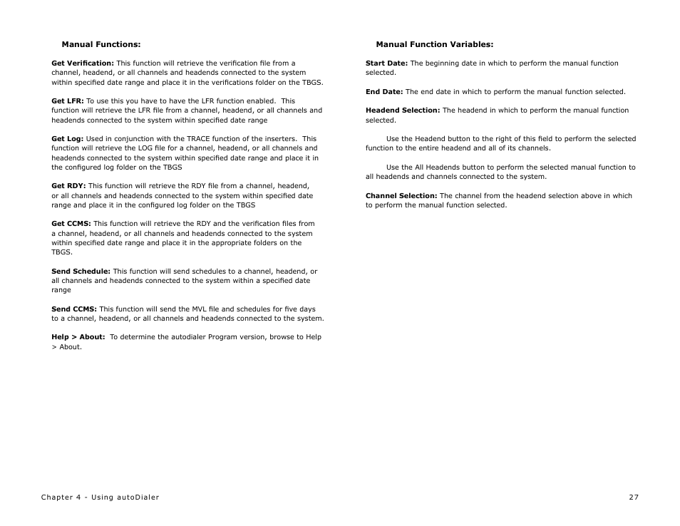 Manual functions, Manual function variables | Adtec digital TBGS w/adManage User Manual | Page 29 / 50