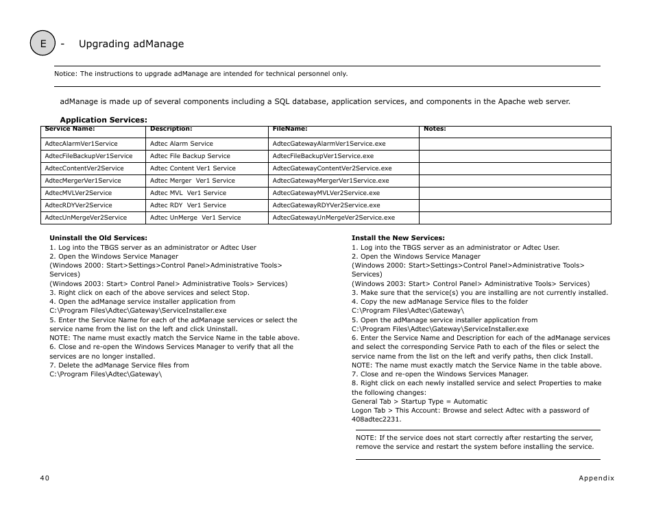 E - upgrading admanage | Adtec digital TBGS w/adManage User Manual | Page 42 / 50