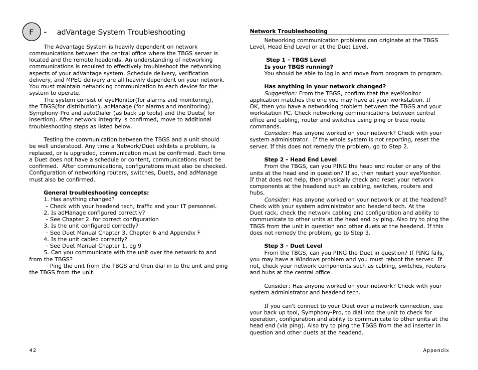 F - advantage system troubleshooting | Adtec digital TBGS w/adManage User Manual | Page 44 / 50