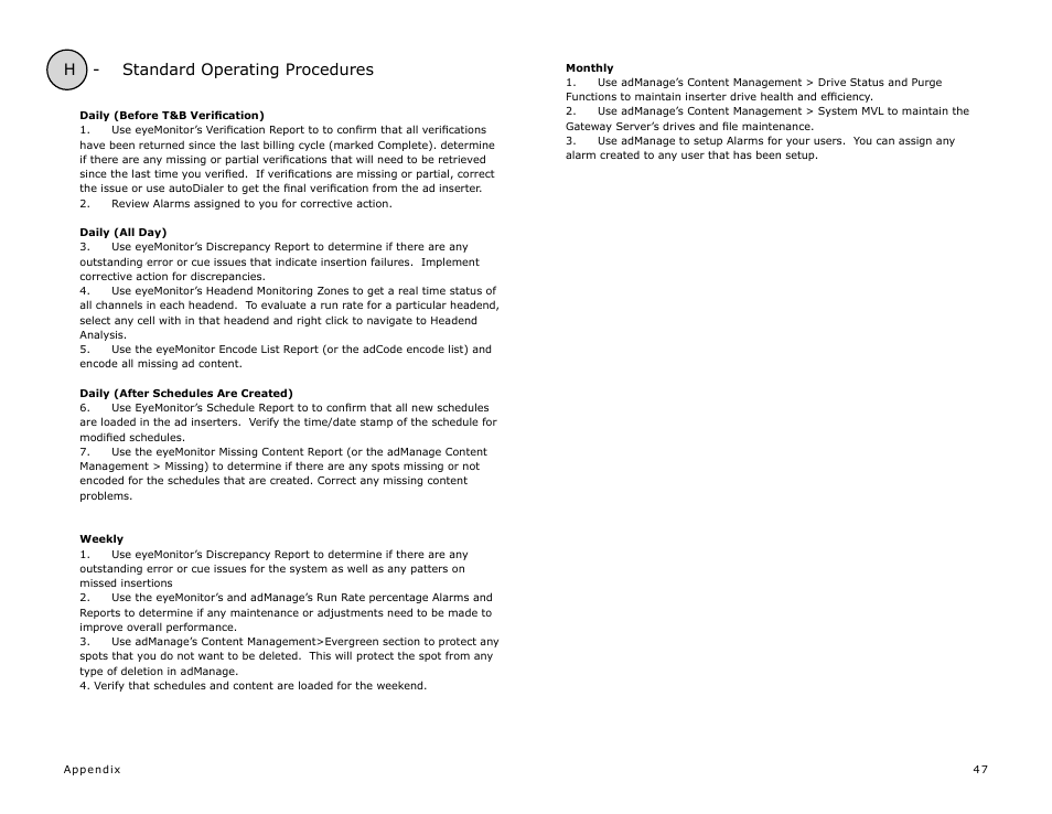 H - standard operating procedures | Adtec digital TBGS w/adManage User Manual | Page 49 / 50