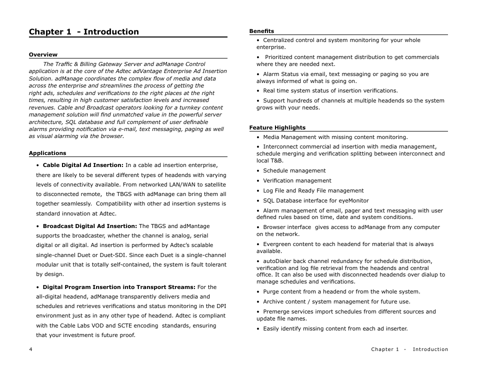 Chapter 1 - introduction, Overview, Applications | Benefits, Feature highlights | Adtec digital TBGS w/adManage User Manual | Page 6 / 50