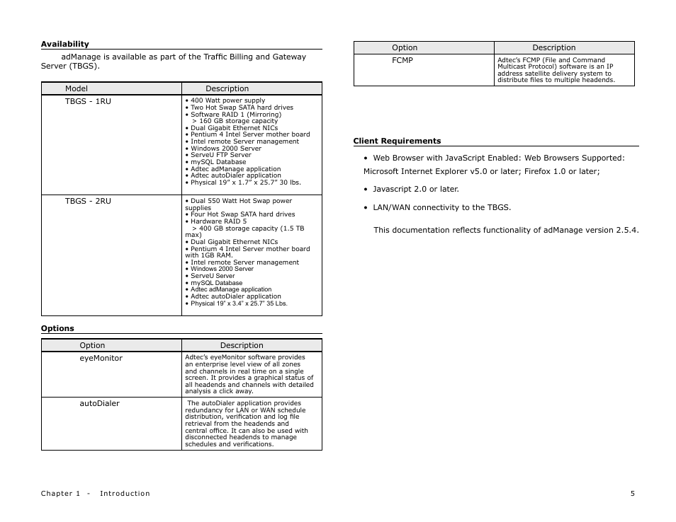 Availability, Options, Client requirements | Adtec digital TBGS w/adManage User Manual | Page 7 / 50