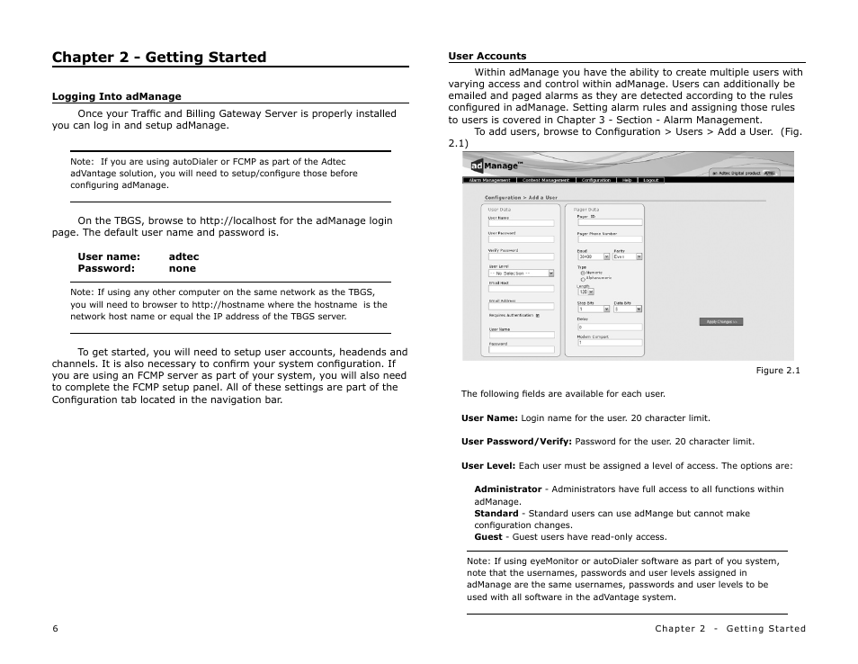 Chapter 2 - getting started, Logging into admanage, User accounts | Adtec digital TBGS w/adManage User Manual | Page 8 / 50