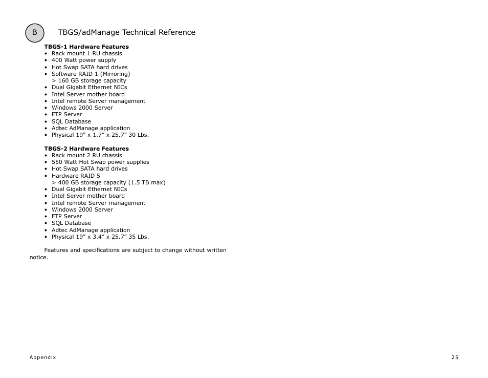 B tbgs/admanage technical reference | Adtec digital eyeMonitor User Manual | Page 27 / 42