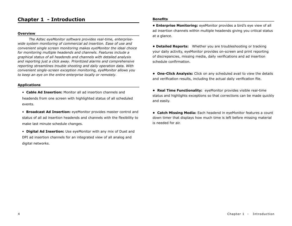Chapter 1 - introduction, Overview, Applications | Benefits | Adtec digital eyeMonitor User Manual | Page 6 / 42