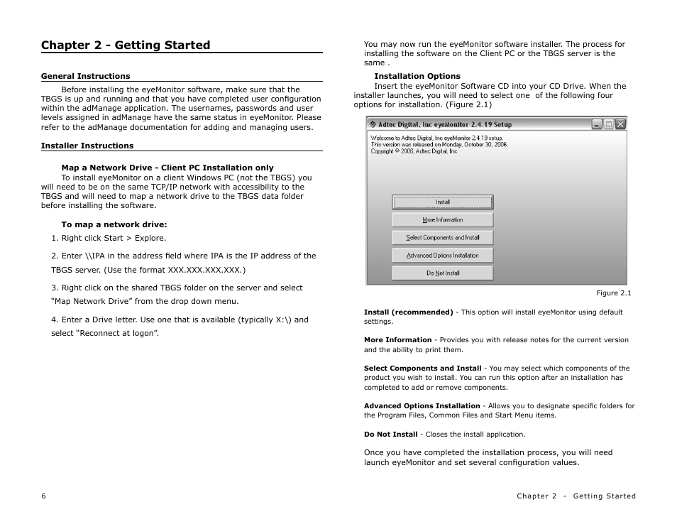 Chapter 2 - getting started, General instructions, Installer instructions | Map a network drive - client pc installation only | Adtec digital eyeMonitor User Manual | Page 8 / 42