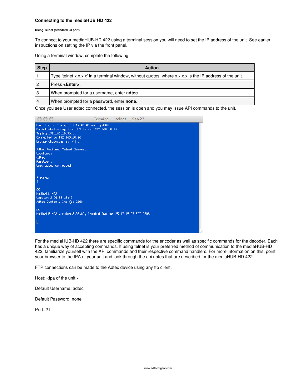Connecting using ftp and telnet | Adtec digital mediaHUB-HD 422 (version 1.01.10_M_2) Manual User Manual | Page 35 / 104