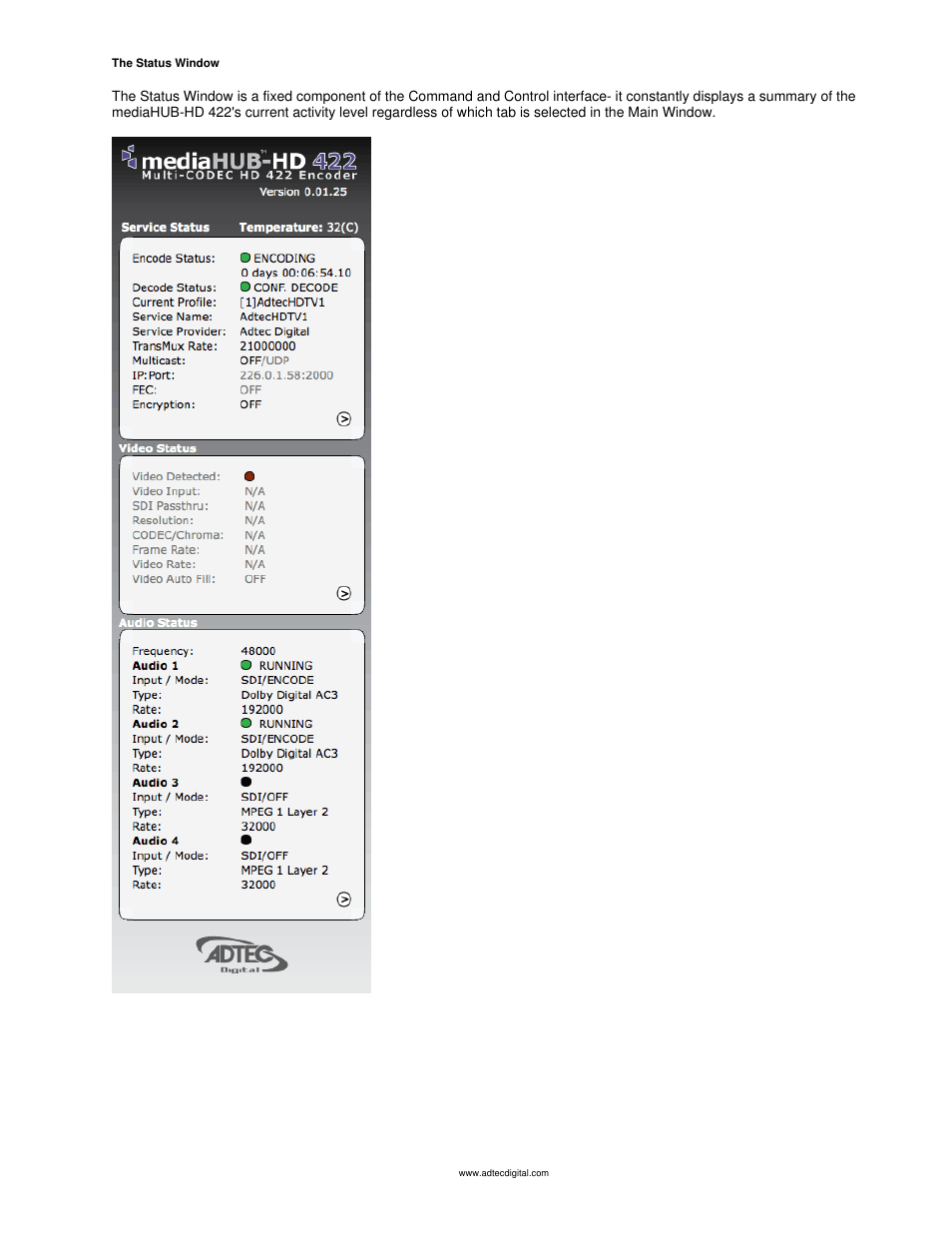 Status window | Adtec digital mediaHUB-HD 422 (version 1.01.10_M_2) Manual User Manual | Page 39 / 104