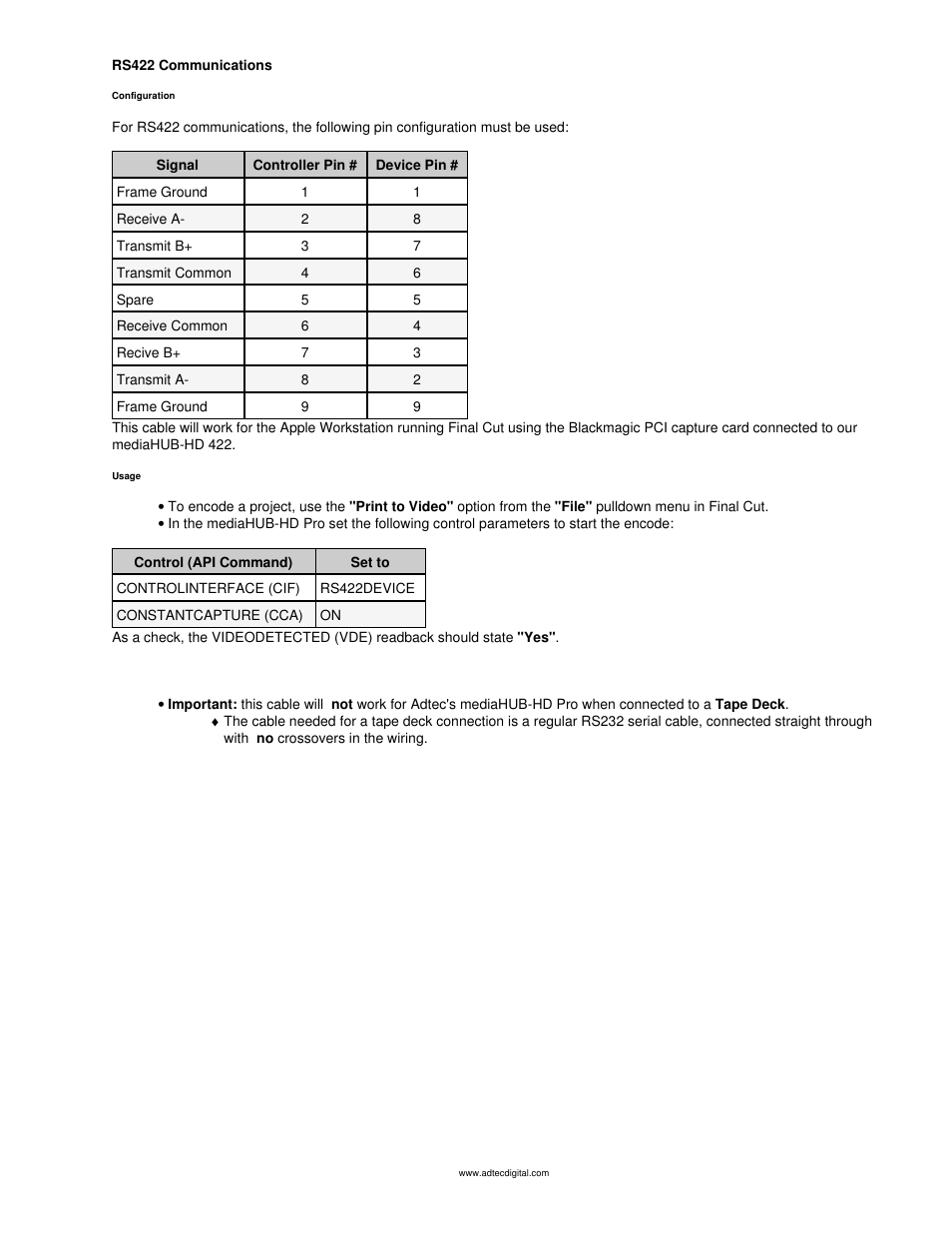 Rs422 communications | Adtec digital mediaHUB-HD 422 (version 1.01.10_M_2) Manual User Manual | Page 94 / 104