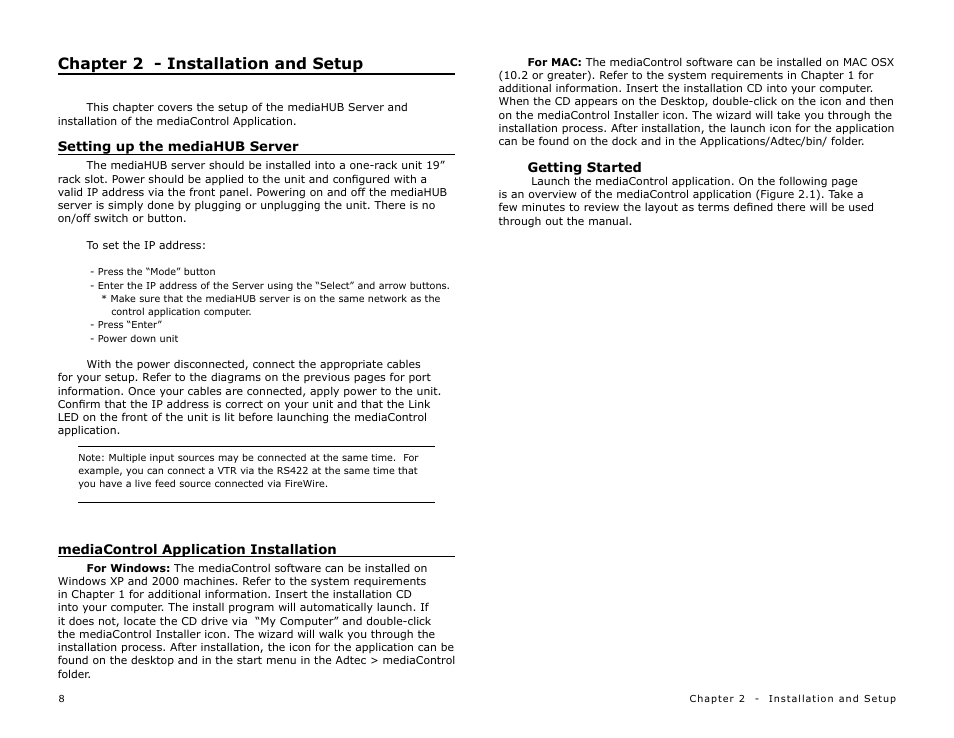 Chapter 2 - installation and setup, Setting up the mediahub server, Mediacontrol application installation | Adtec digital mediaHUB (version 02.00.13) User Manual | Page 10 / 24