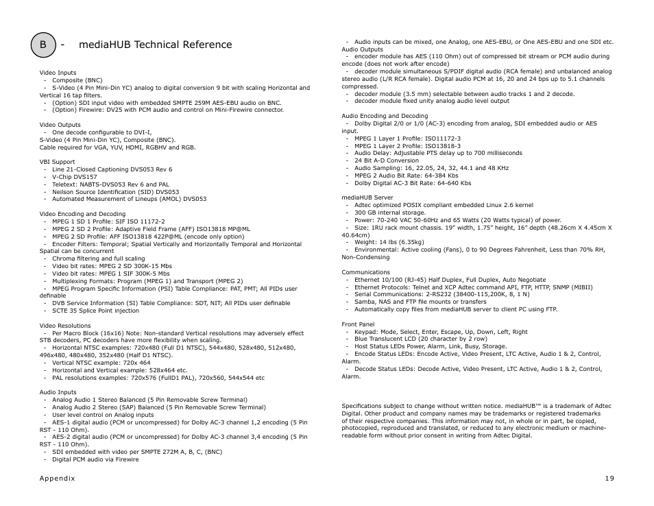 B - mediahub technical reference | Adtec digital mediaHUB (version 02.00.13) User Manual | Page 21 / 24