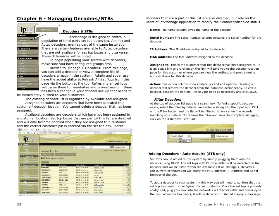 Chapter 6 - managing decoders/stbs | Adtec digital MAS & iptvManage User Manual | Page 30 / 44