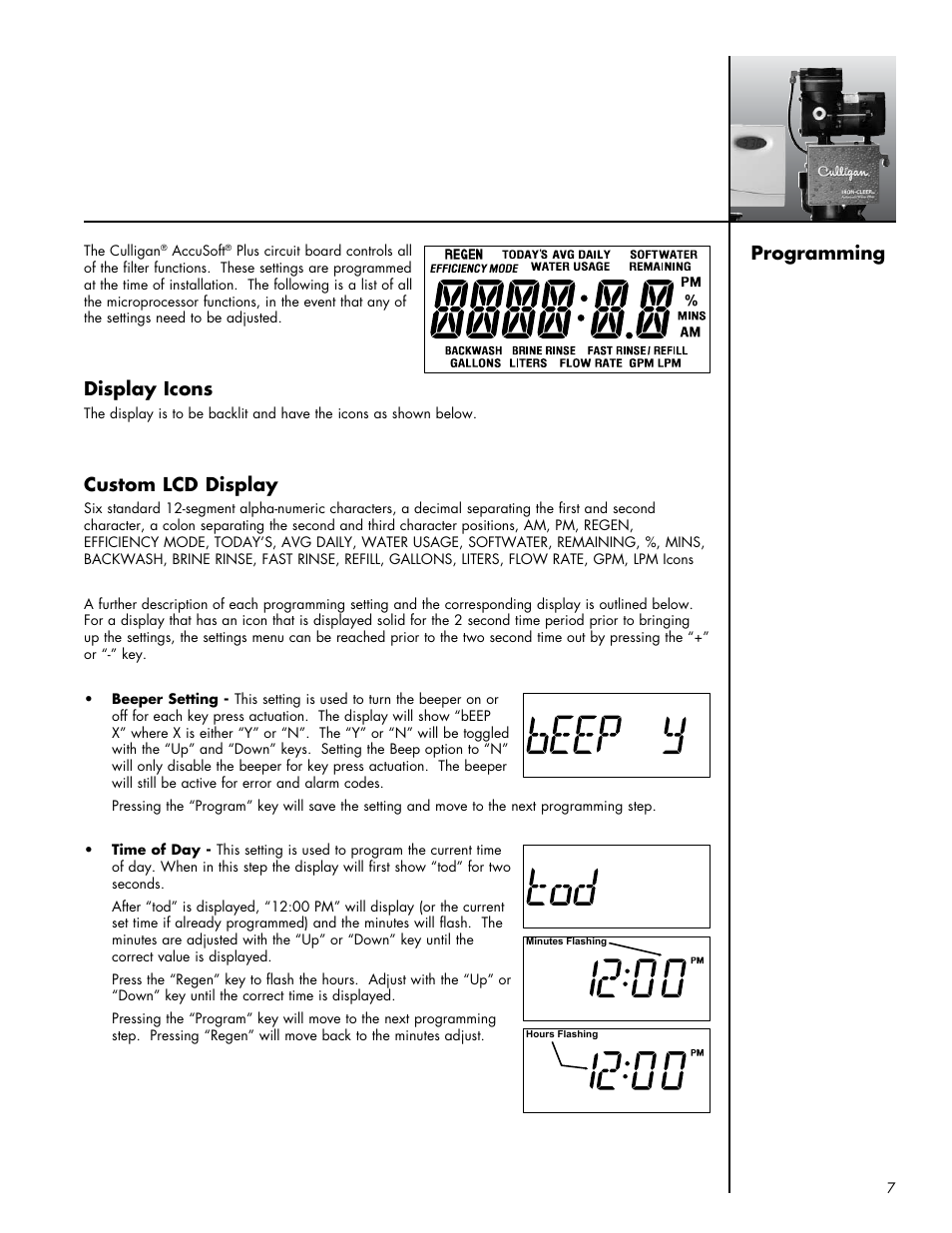 Display icons, Custom lcd display, Programming | Culligan Iron-Cleer Plus User Manual | Page 11 / 25