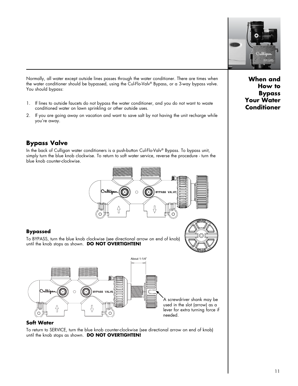 When and how to bypass your water conditioner, Bypass valve | Culligan Iron-Cleer Plus User Manual | Page 15 / 25