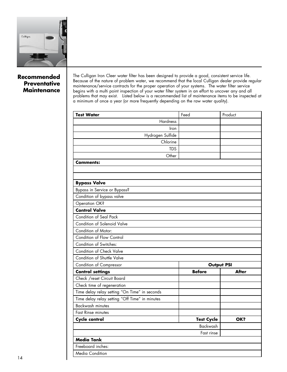 Recommended preventative maintenance | Culligan Iron-Cleer Plus User Manual | Page 18 / 25