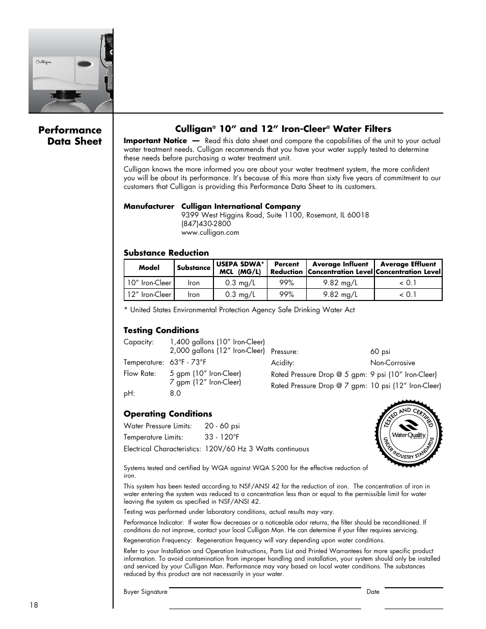 Performance data sheet | Culligan Iron-Cleer Plus User Manual | Page 22 / 25