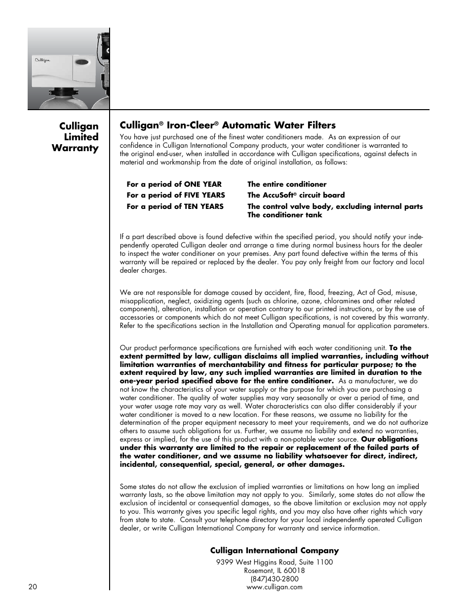 Culligan limited warranty culligan, Iron-cleer, Automatic water filters | Culligan Iron-Cleer Plus User Manual | Page 24 / 25