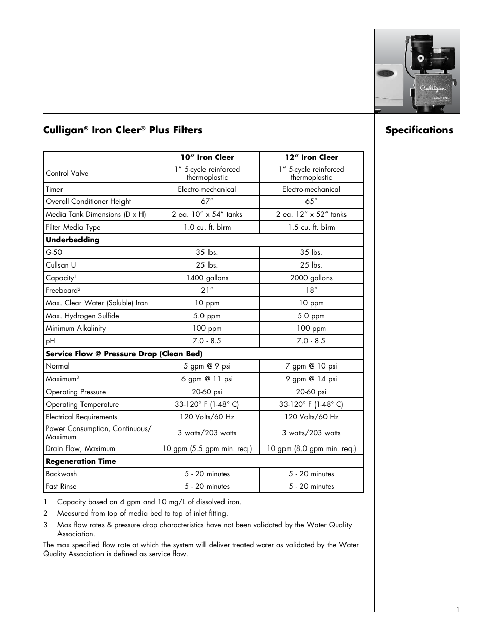 Specifications culligan, Iron cleer, Plus filters | Culligan Iron-Cleer Plus User Manual | Page 5 / 25