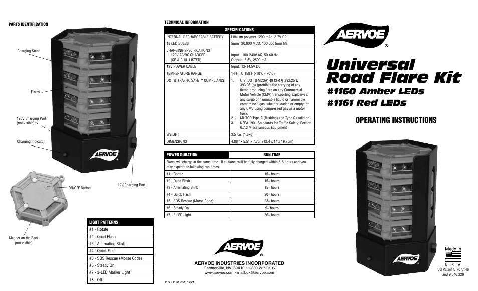 Universal road flare kit, Operating instructions | Aervoe 1160 Amber LEDs User Manual | Page 2 / 2