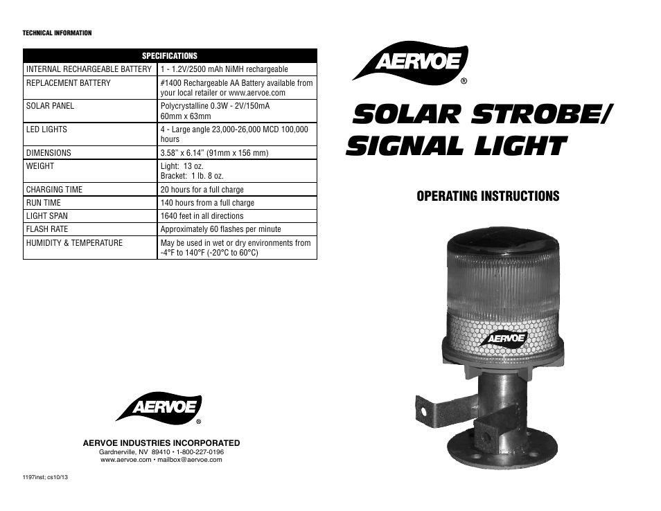 Solar strobe/ signal light, Operating instructions | Aervoe Solar Strobe User Manual | Page 2 / 2