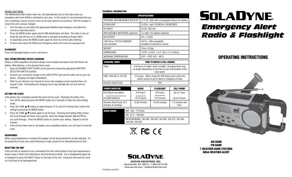 Emergency alert radio & flashlight, Operating instructions | Aervoe Emergency Alert Radio User Manual | Page 2 / 2