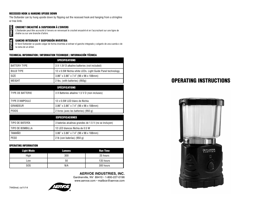 Outlander, Lantern, Operating instructions | Aervoe Outlander Lantern User Manual | Page 2 / 2