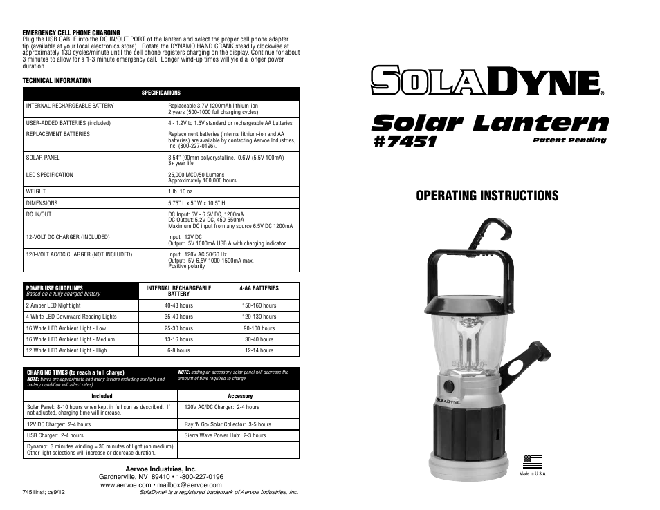 Solar lantern, Operating instructions | Aervoe SolaDyne Solar Lantern User Manual | Page 2 / 2
