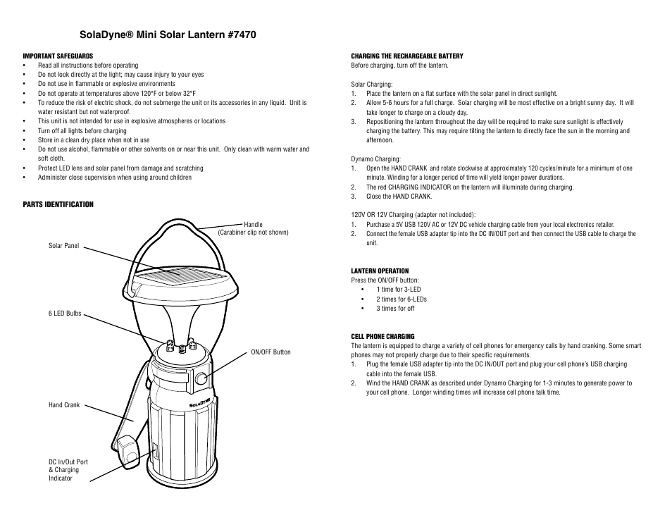 Aervoe SolaDyne Mini Solar Lantern User Manual | 2 pages