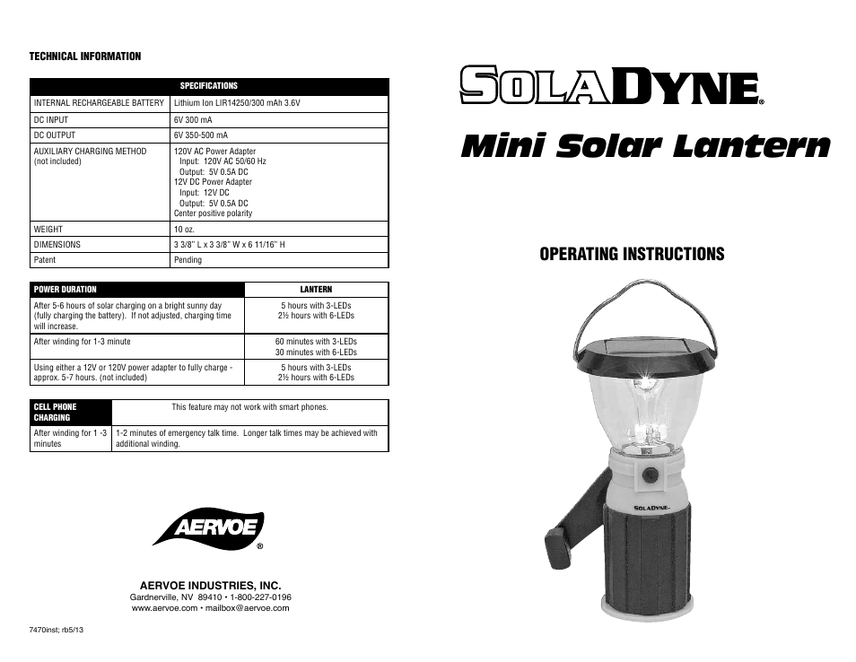 Mini solar lantern, Operating instructions | Aervoe SolaDyne Mini Solar Lantern User Manual | Page 2 / 2