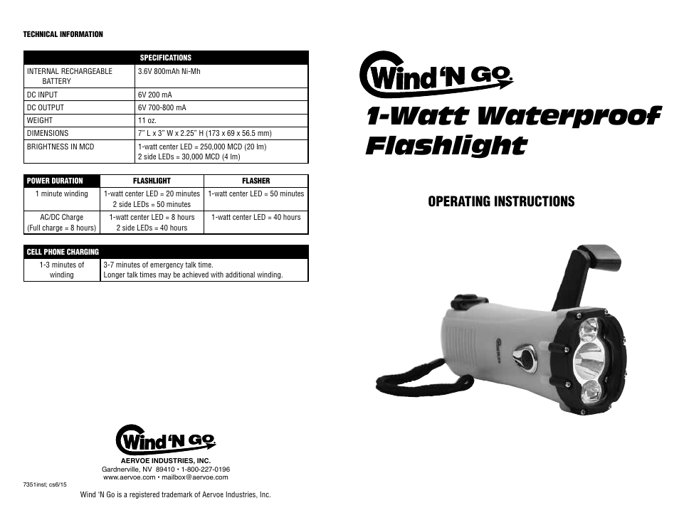 Watt waterproof flashlight, Operating instructions | Aervoe Wind‘N Go 1-Watt Waterproof Flashlight User Manual | Page 2 / 2