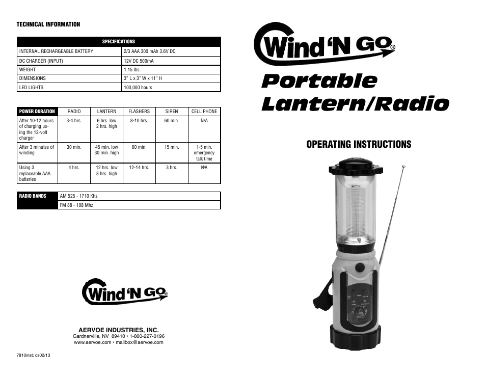 Portable lantern/radio, Operating instructions | Aervoe Wind‘N Go Portable Lantern User Manual | Page 2 / 2