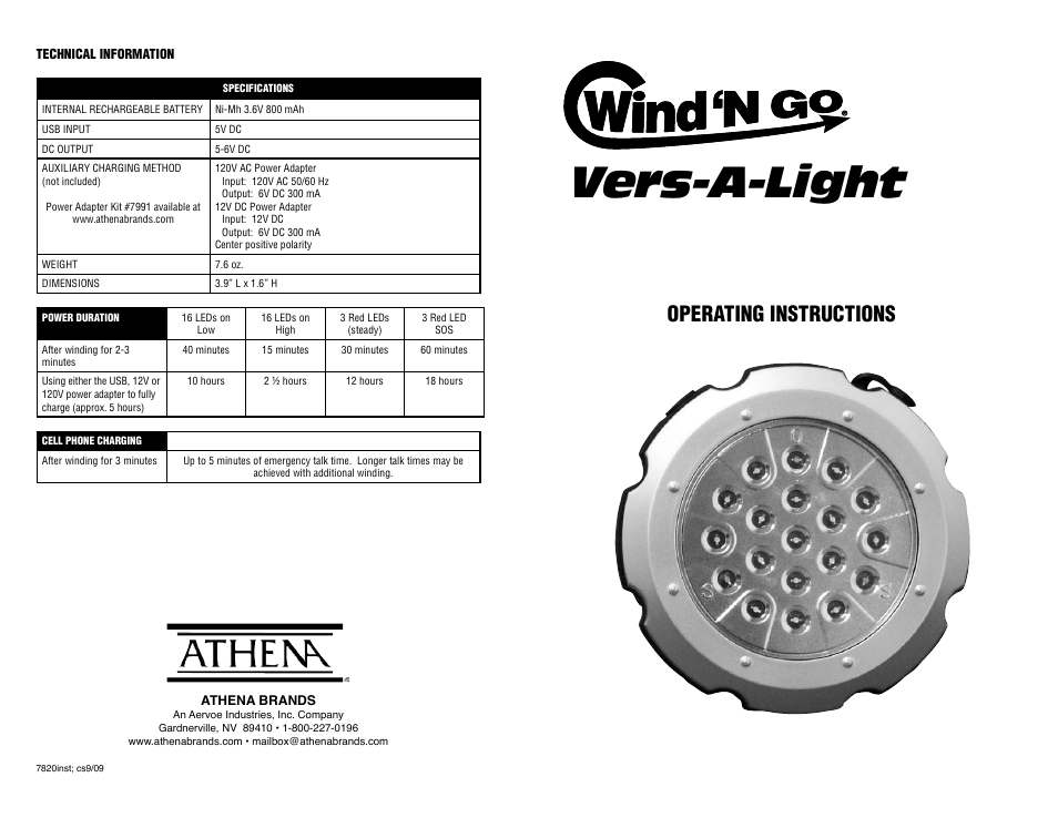 Vers-a-light, Operating instructions | Aervoe Wind'N Go Vers-A-Light User Manual | Page 2 / 2