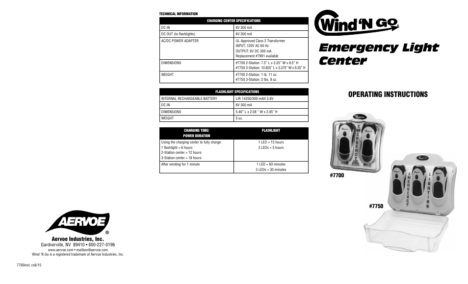 Aervoe Emergency Light Center with 2 Flashlights User Manual | 2 pages