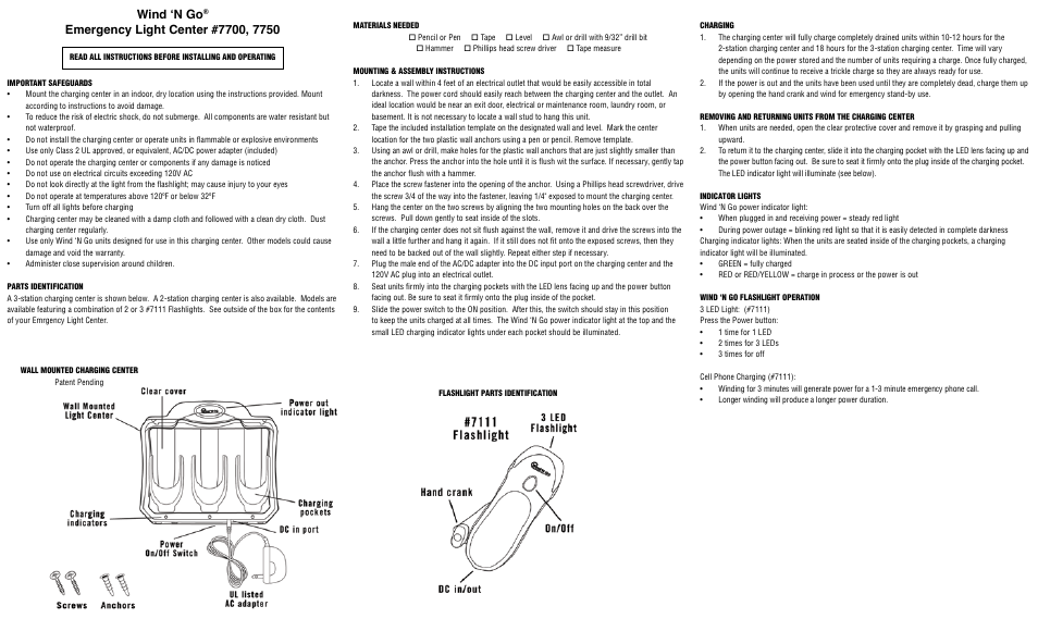 Wind ‘n go | Aervoe Emergency Light Center with 2 Flashlights User Manual | Page 2 / 2