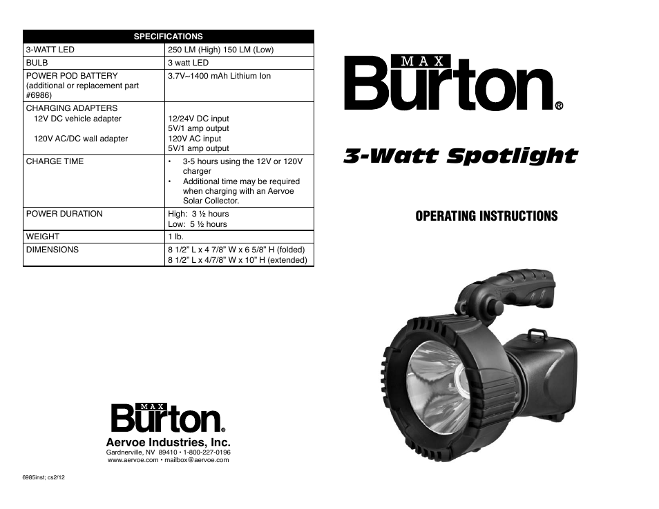 Watt spotlight, Operating instructions, Aervoe industries, inc | Aervoe 3-Watt Spotlight User Manual | Page 2 / 2